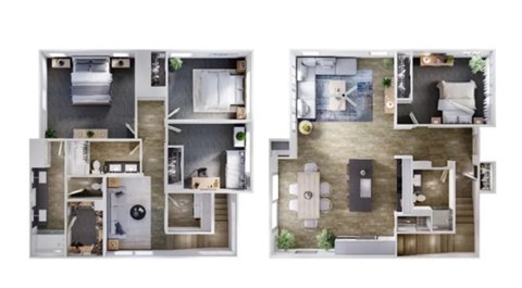 A floor plan of a two-bedroom apartment with a kitchen and living room.